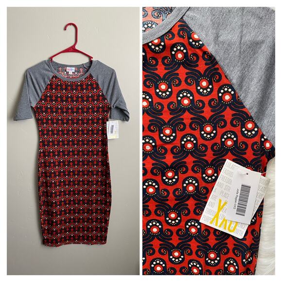 NWT Lularoe Red/Black Geometric Print w/ Gray Raglan Sleeves Julia Dress- Sz XXS - Picture 3 of 3